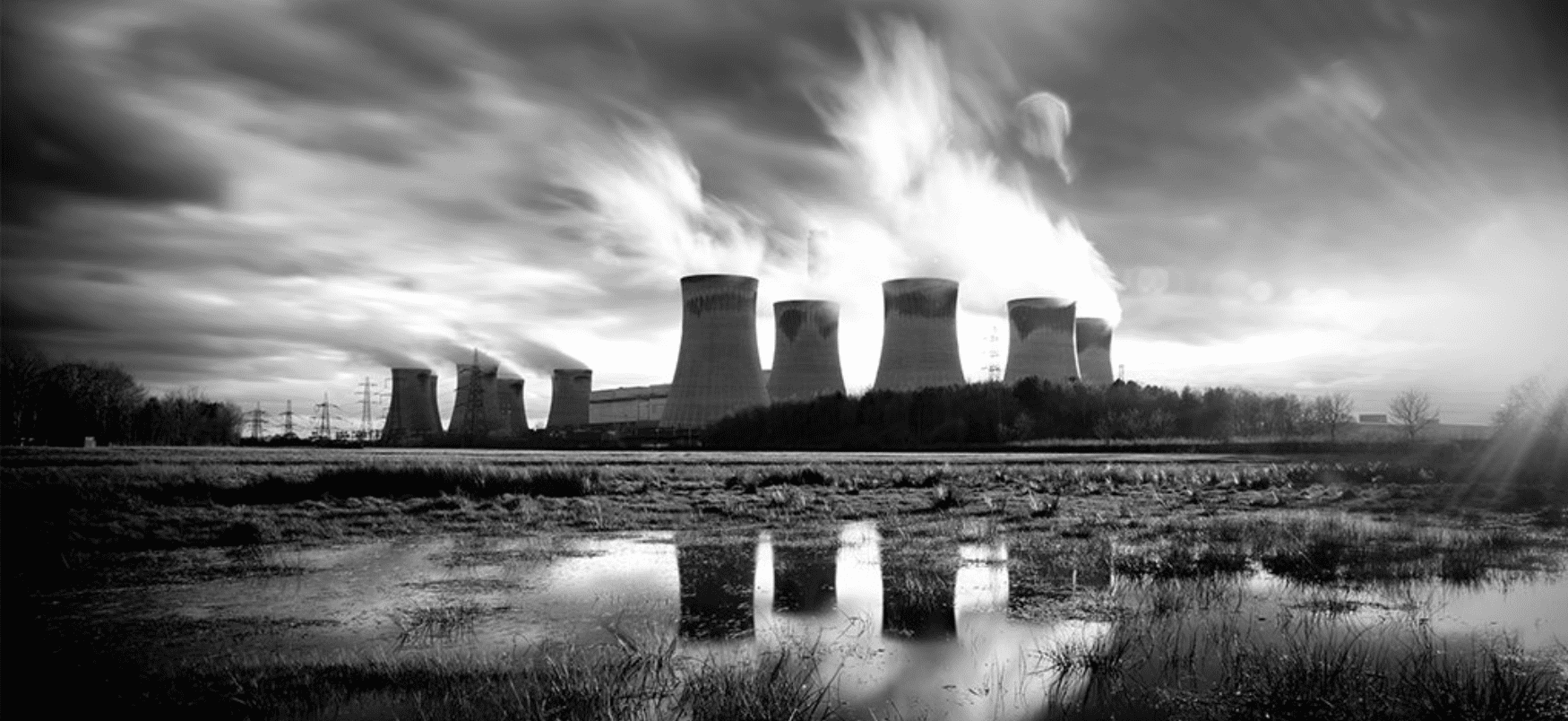 Black and white photo of power plant
